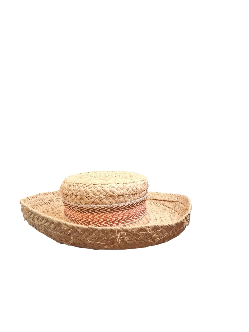 Kate Lord Women's Tan Straw Wide Brim Sun Hat W/ Chevron Band M/L